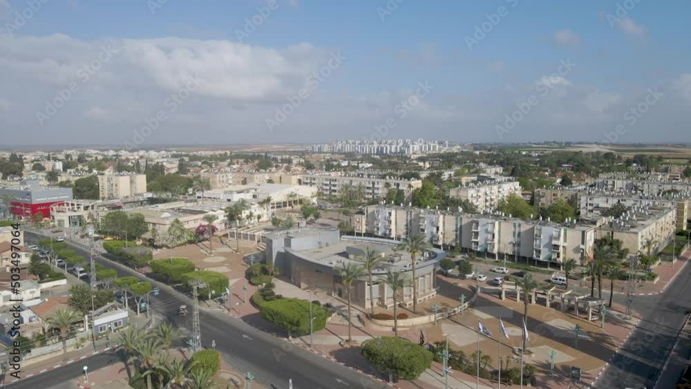 aerial shot above the culture dome at netivot city, israel aerial shot above the culture dome at netivot city, israel