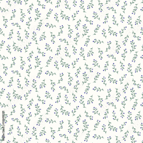 Seamless pattern of teal leafy sprigs with periwinkle blue berries on a cream background.
