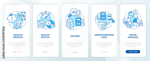 Balanced budget requirements blue onboarding mobile app screen. Walkthrough 5 steps graphic instructions pages with linear concepts. UI, UX, GUI template. Myriad Pro-Bold, Regular fonts used