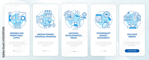 Principles of budget planning blue onboarding mobile app screen. Walkthrough 5 steps graphic instructions pages with linear concepts. UI, UX, GUI template. Myriad Pro-Bold, Regular fonts used