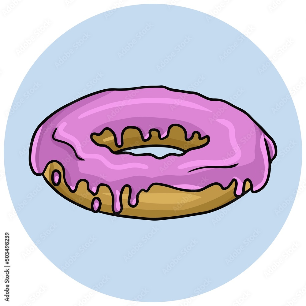 Round delicious donut poured with pink fruit glaze, vector cartoon illustration