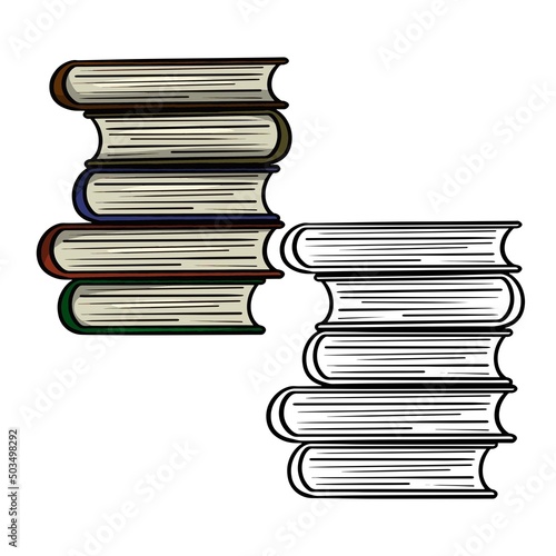 A set of color and monochrome images. High stack of thick books, side view, cartoon vector