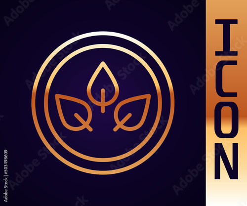 Gold line Vegan food diet icon isolated on black background. Organic, bio, eco symbol. Vegan, no meat, lactose free, healthy, fresh and nonviolent food. Vector