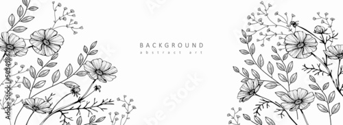 Luxury botanical background with trendy wildflowers and minimalist flowers for wall decoration or wedding. Hand drawn line herb, elegant leaves for invitation save the date card. Botanical