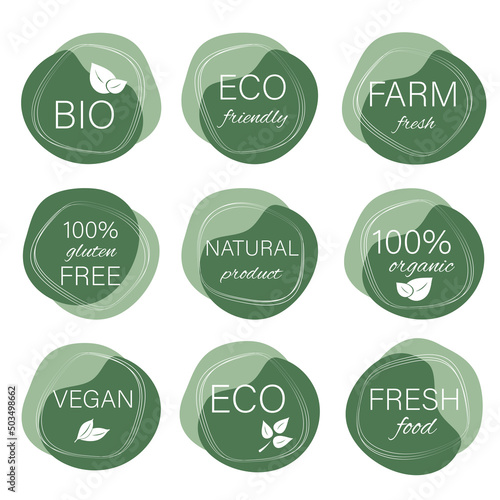 Fresh, organic, vegan, gluten free, eco friendly, locally grown, healthy food stickers. Vegan food logo labels and tags. Collection of natural products signs in hand drawn style.