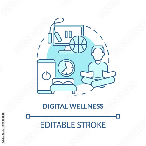 Digital wellness turquoise concept icon. Life and social media. Mental health trend abstract idea thin line illustration. Isolated outline drawing. Editable stroke. Arial, Myriad Pro-Bold fonts used