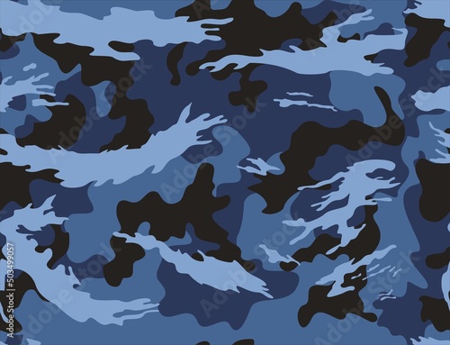 Army camo seamless blue pattern, trendy vector texture. Disguise.