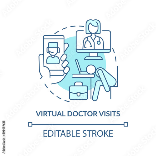 Virtual doctor visits turquoise concept icon. Remote consult. Mental health at work abstract idea thin line illustration. Isolated outline drawing. Editable stroke. Arial, Myriad Pro-Bold fonts used