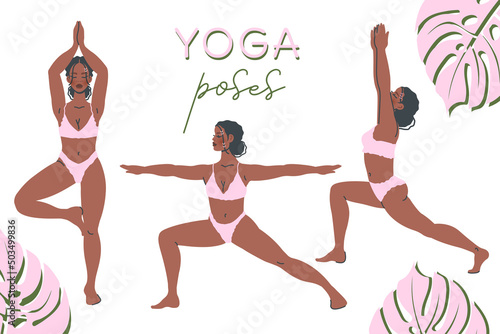 Set of  yoga poses isolated on white background. Young black girl in Yoga pose stretches. Meditation ,  breathing practice. Vector flat illustration for healthy lifestyle, sport, banner, poster