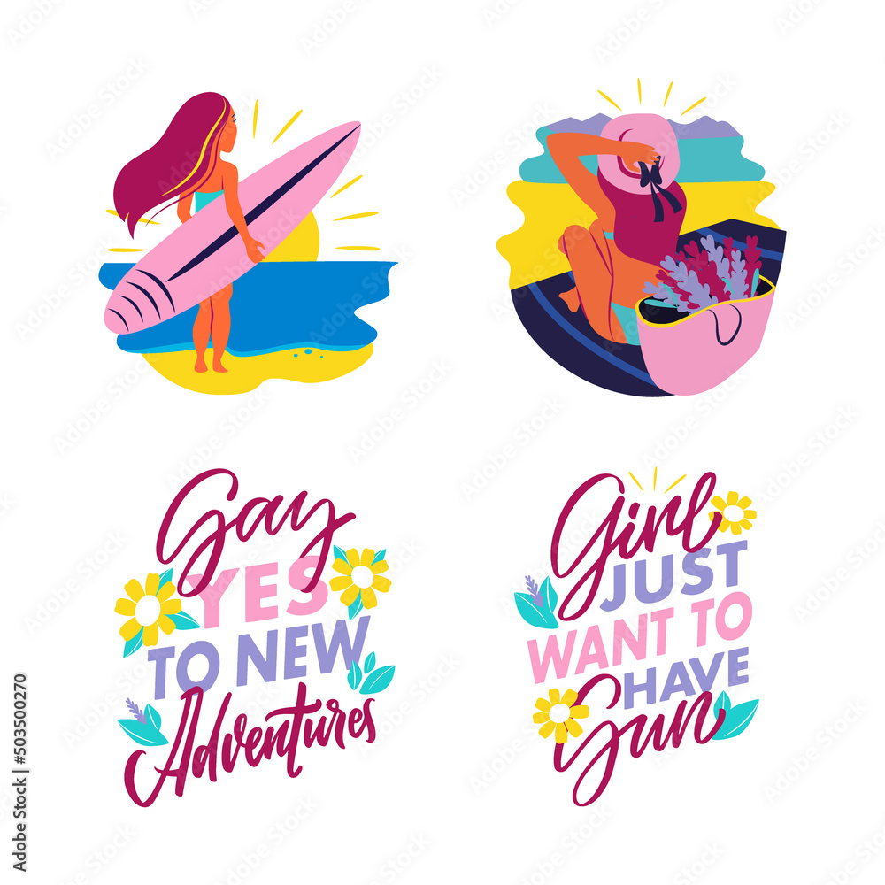 Obraz premium The set of Beach girls with lettering, summer holidays and travel vacations quotes