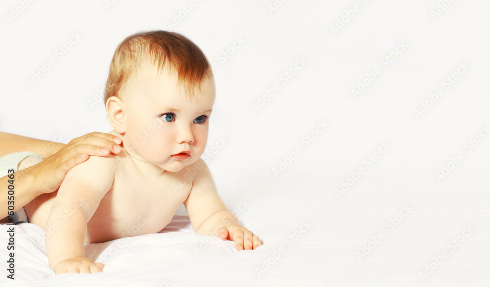Portrait cute baby massage back, child and health concept Portrait cute baby massage back, child and health concept