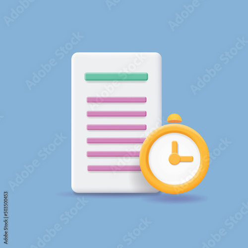 Document and clock icon Paper file and alarm expire sign. A time log, express services for processing documents. Controlling or scheduling time concept photo