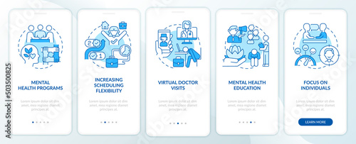 Mental health trends at work blue onboarding mobile app screen. Therapy walkthrough 5 steps graphic instructions pages with linear concepts. UI, UX, GUI template. Myriad Pro-Bold, Regular fonts used