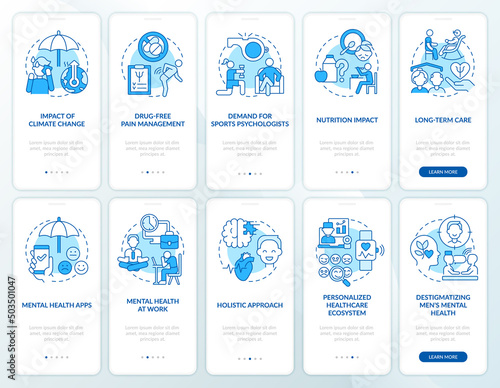 Trends in psychology blue onboarding mobile app screen set. Mental health walkthrough 5 steps graphic instructions pages with linear concepts. UI, UX, GUI template. Myriad Pro-Bold, Regular fonts used