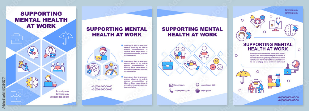 Supporting mental health at work blue brochure template. Keep balance. Leaflet design with linear icons. 4 vector layouts for presentation, annual reports. Arial-Black, Myriad Pro-Regular fonts used