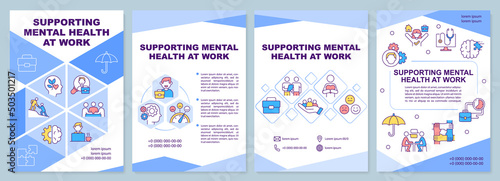 Supporting mental health at work blue brochure template. Keep balance. Leaflet design with linear icons. 4 vector layouts for presentation, annual reports. Arial-Black, Myriad Pro-Regular fonts used