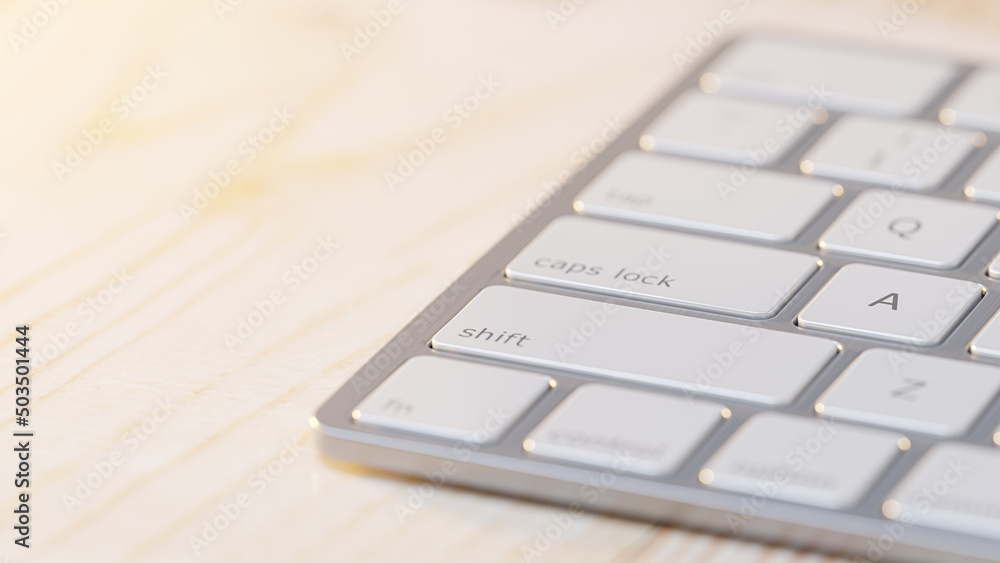Close-up of keyboard placed on wooden table. Selective focus and Space for banner and logo. 3D Render. Close-up of keyboard placed on wooden table. Selective focus and Space for banner and logo. 3D Render.