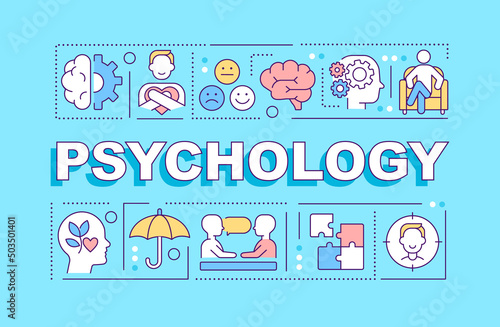 Psychology word concepts blue banner. Patient service and therapy. Infographics with icons on color background. Isolated typography. Vector illustration with text. Arial-Black font used
