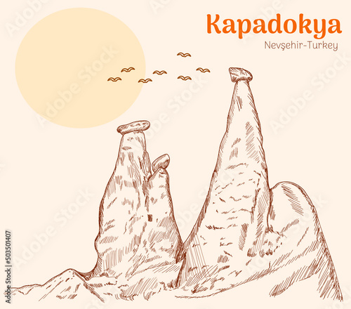 Cappadocia - nevsehir turkey. hand drawing vector illustration 