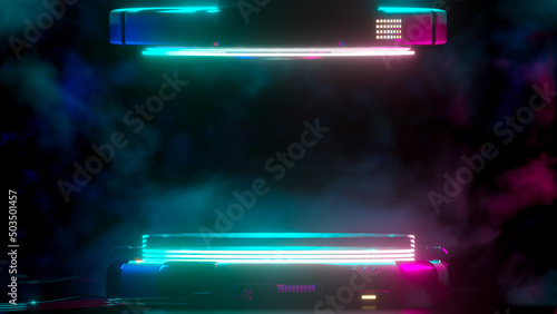 Power podium empty stage with bright neon lamps and multicolored smoke, Presentation of the show. Scene of the future Sci-fi idea concept. Technological elements innovation background, 3D Render.