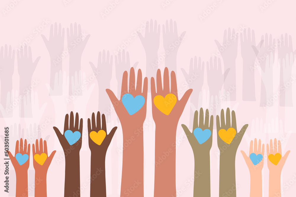 Many hands with hearts in Ukraine flag colors. Charity and donation concept concept. Non-profit organizations and humanitarian aid visualization. Stand with Ukraine. Many hands with hearts in Ukraine flag colors. Charity and donation concept concept. Non-profit organizations and humanitarian aid visualization. Stand with Ukraine.