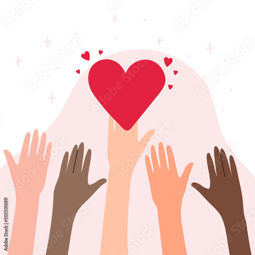 Many hands with hearts. Charity and donation concept concept. Non-profit organizations and humanitarian aid visualization.