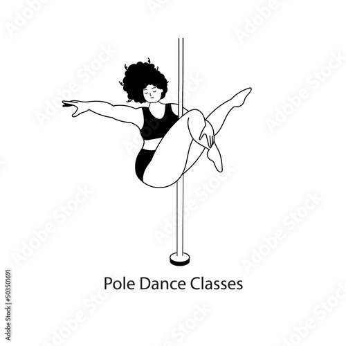 A woman is doing martini shape on the pole. Pole dance classes or studio logo. Modern acrobatic sport activity for all body shapes, genders and ages.
