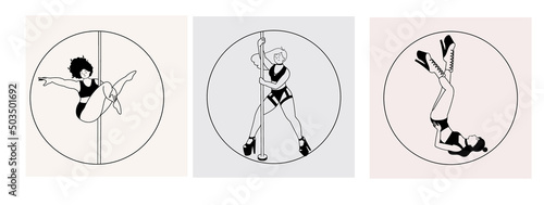 Set of various acrobatic and dance styles. Pole dance, aerial silks and hoop, flexibility and stretch, exotic floorwork. Modern studio. Diversity characters, body shapes.