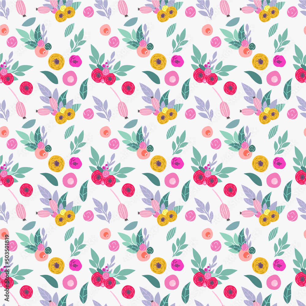 seamless pattern with color flower and leaves elements