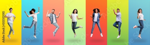 Joyful diverse people jumping up on colorful backgrounds, collage