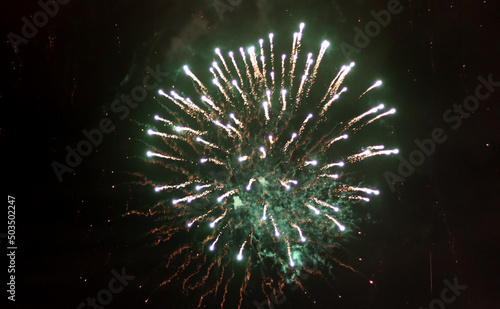 Firework close up photo. Beautiful fireworks in the night sky. 