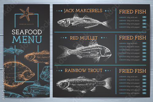 Chalk drawing seafood restaurant menu design with hand drawing fish. Vector illustration
