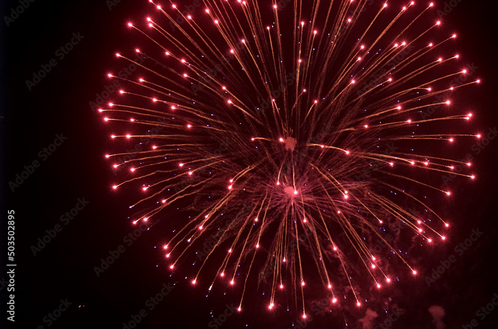 Fireworks splashes in the sky. Pyrotechnics firework close up photo. Ecology conversation concept. Fireworks splashes in the sky. Pyrotechnics firework close up photo. Ecology conversation concept.
