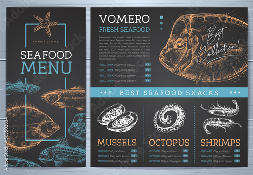 Chalk drawing seafood restaurant menu design with hand drawing fish. Vector illustration