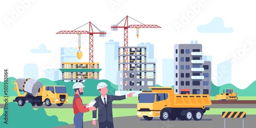 Building site. Builder and contractor in workflow. Workers consider project drawing. Skyscrapers and houses construction. Housing development. Unfinished homes and trucks. Vector poster