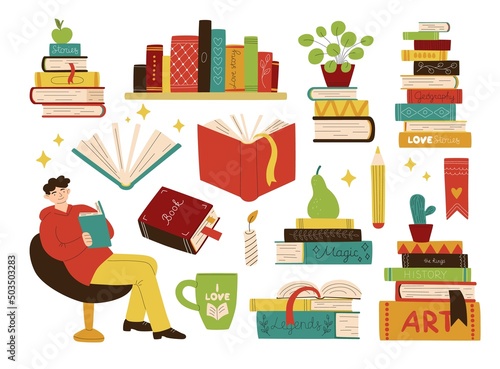 Cartoon books. Man reader in chair. Colorful textbooks and houseplants. Cozy activity. Learning student. Bookstore shelves. Fiction literature. Vector educational library elements set