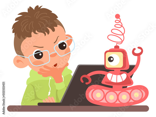 Children assemble robot. Boy with robotic toy and laptop. Kid programming automatic machine. Artificial intelligence. Person making cyborg with antenna. Babies education. Vector concept