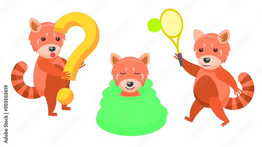 Fototapeta premium Set Abstract Collection Flat Cartoon Different Animal Red Pandas Holding A Question Mark, Sleeping Wrapped In Blanket, Plays Badminton Vector Design Style Elements Fauna Wild