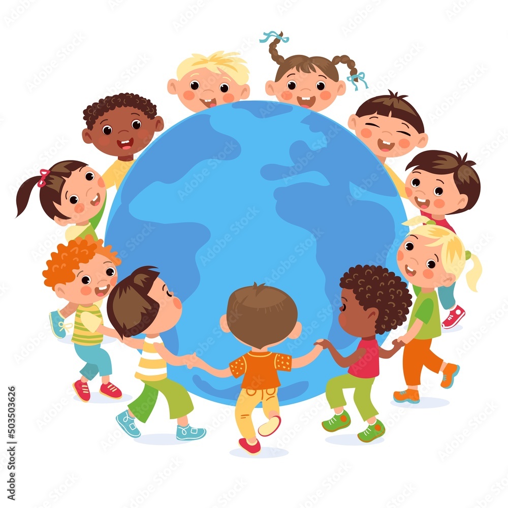 Children with Earth. Planet and kids around. Ecology and saving world concept. Happy boys or girls holding hands in round. Multiracial friends togetherness. Persons cooperation. Vector poster