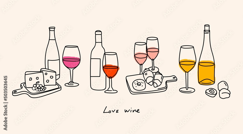 Various bottles and glasses of sweet and dry Wine. Red, white, rose wine, wooden plates with cheese, fruits, sweets. Traditional wine snacks. Hand drawn Vector illustration. All elements are isolated - obrazy, fototapety, plakaty 