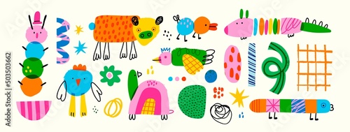 Foto Various quirky creatures and doodle objects