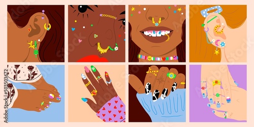 Close up portraits of Young women with Various types of nose  mouth and ear Piercing. Female hands with manicured nails. Feet with pedicure. Set of eight Hand drawn colored modern Vector illustrations