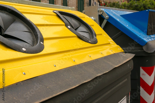 Close up of a recycling bin in Rome, Italy.