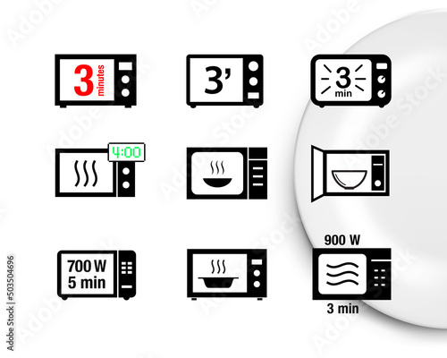 Microwave oven icons set. Vector illustration white background ready for your design. Perfect for cooking and preparation instructions. EPS10.	