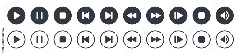 Set of video media player icons vector set. Multimedia music audio control. Media player interface symbols. play, pause, mute sign. isolated on white background. Music and sound icons. Set of video media player icons vector set. Multimedia music audio control. Media player interface symbols. play, pause, mute sign. isolated on white background. Music and sound icons.