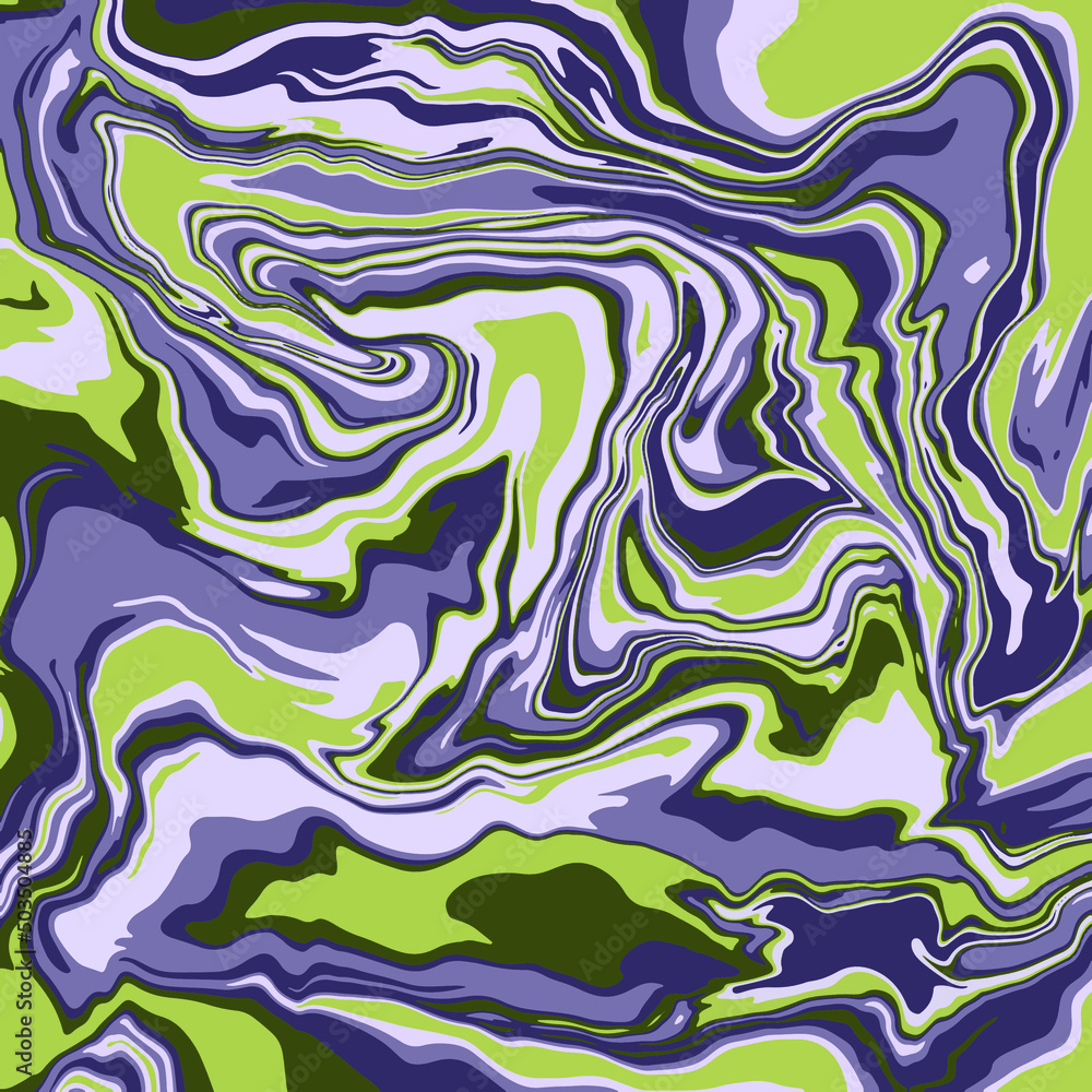 Fluid art texture. Abstract background with swirling paint effect. A4. Liquid acrylic picture that flows and splashes. Mixed paints for interior poster. Green, purple and gray iridescent colors.