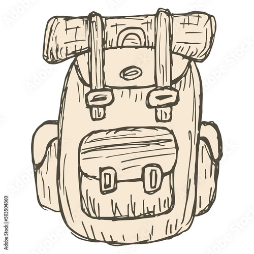 Rough hatching vintage drawing of the hiking backpack. Simple flat brown freehand vector doodle isolated on transparent background
