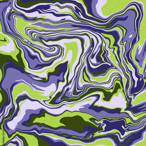 Fluid art texture. Abstract background with swirling paint effect. A4. Liquid acrylic picture that flows and splashes. Mixed paints for interior poster. Green, purple and gray iridescent colors.