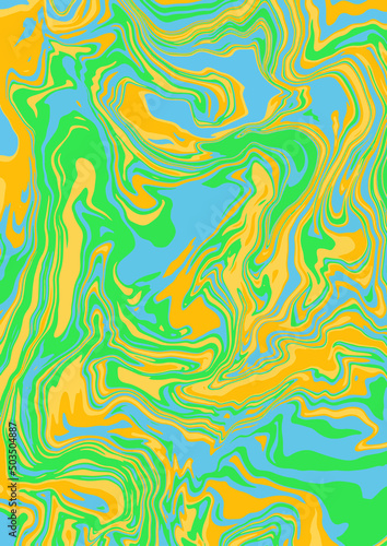 Fluid art texture. Abstract background with swirling paint effect. A4. Liquid acrylic picture that flows and splashes. Mixed paints for interior poster. Blue, yellow and green iridescent colors. A4