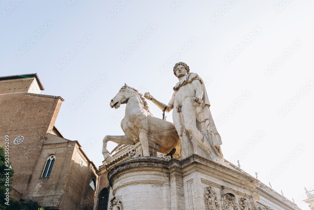 Obraz premium antique statue of a man with a horse. Roman stone statue of a man with a horse.